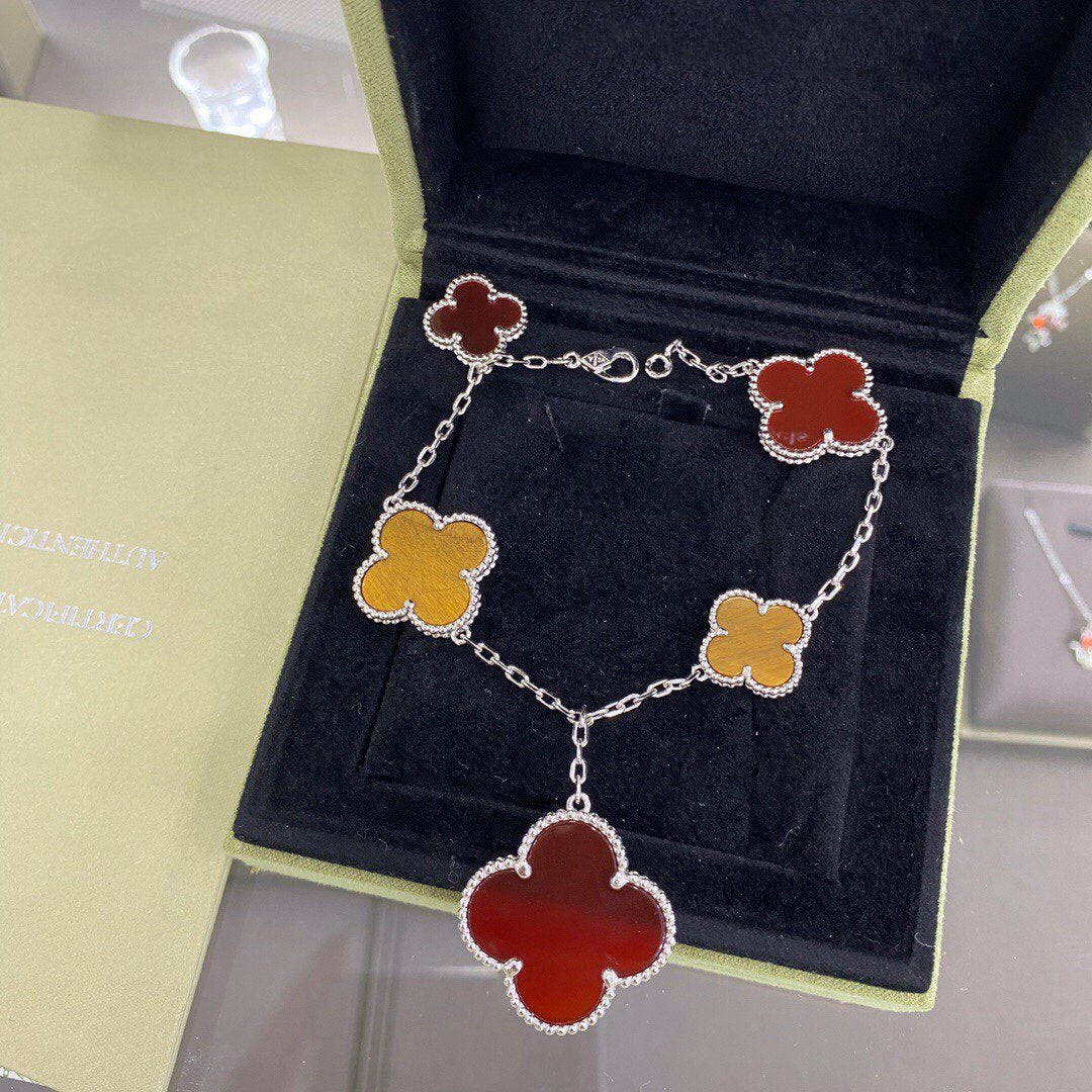 VCA CLOVER 5 MOTIFS SIVLER CARNELIAN TIGER EYE BRACELET