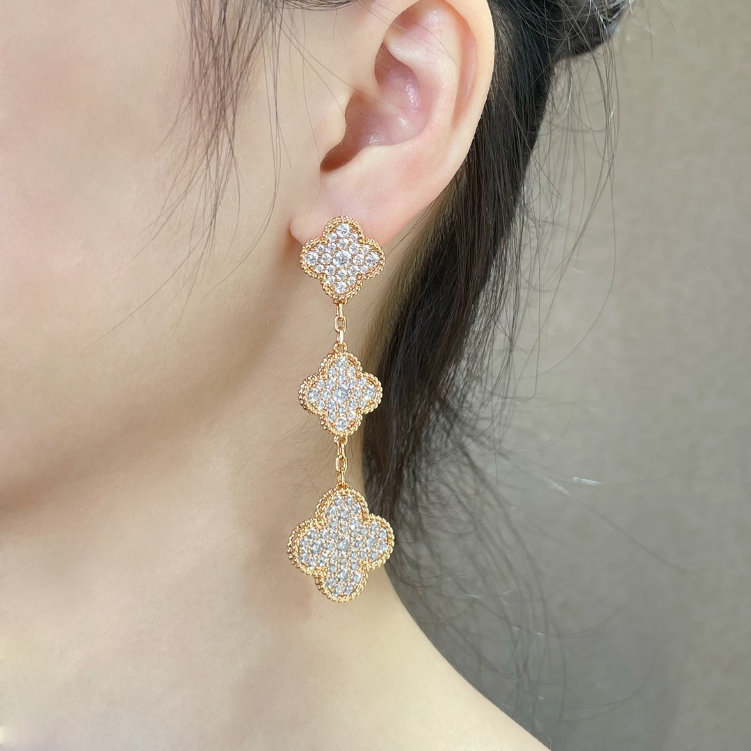 VCA CLOVER 3 MOTIFS DIAMOND PAVED ROSE GOLD & GOLD EARRINGS