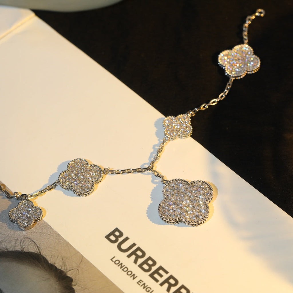 VCA CLOVER BRACELET 5 MOTIF SILVER DIAMOND PAVED